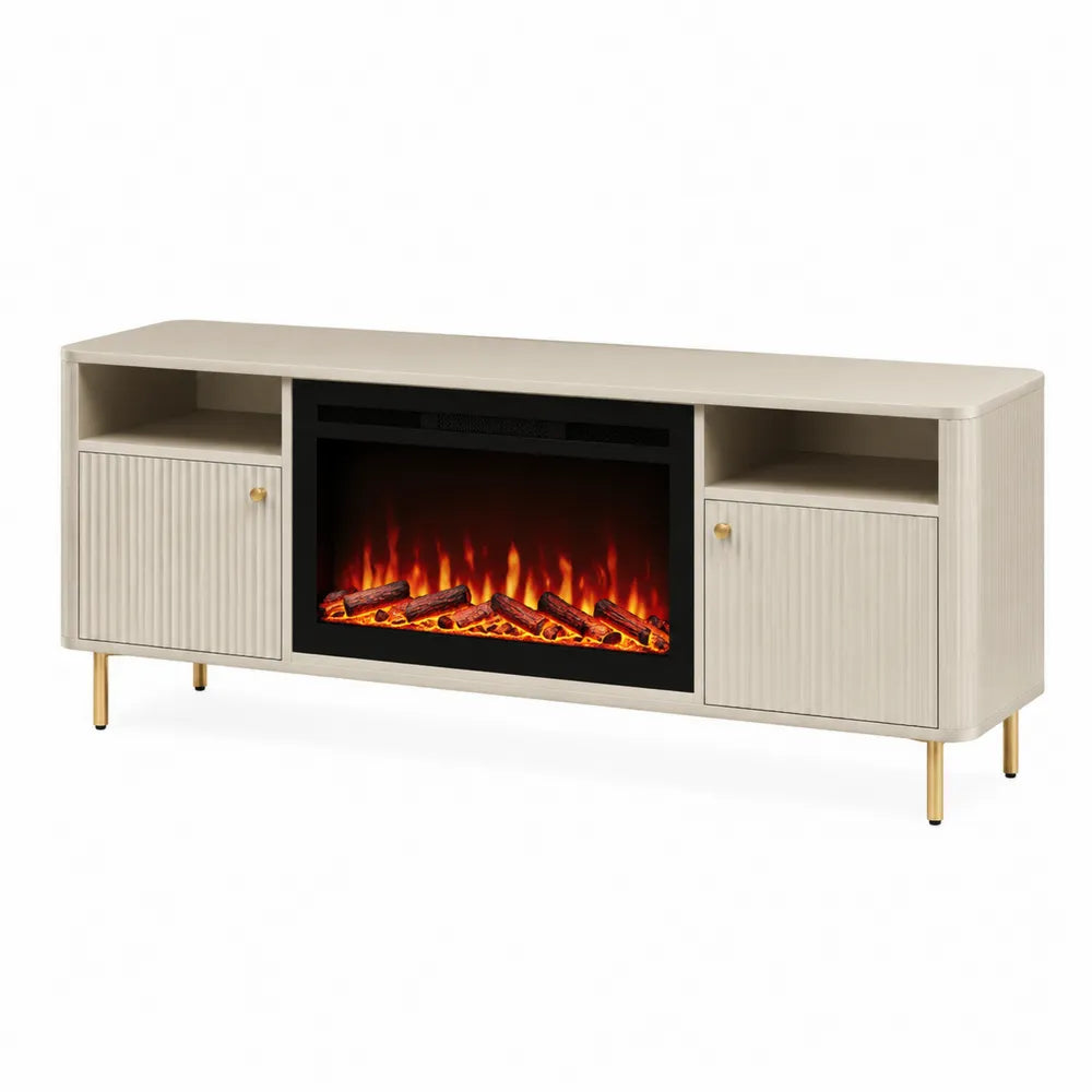Komoda RTV z kominkiem elektrycznym z MDF i metalu, Kremowy, 150x50x40 cm