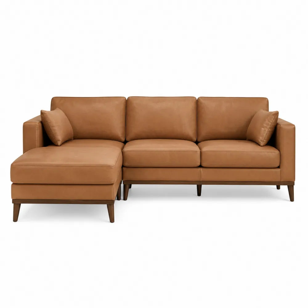 Narożna sofa skórzana 3-osobowa brązowa z szezlongiem