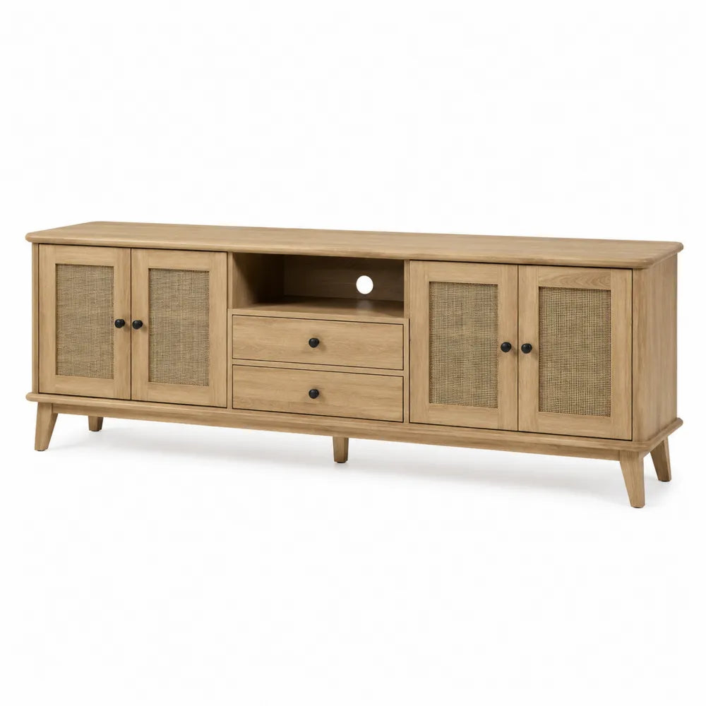 Drewniana szafka RTV z rattanowymi frontami 180x45x50 cm