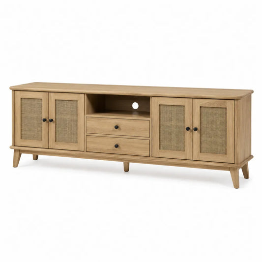 Drewniana szafka RTV z rattanowymi frontami 180x45x50 cm